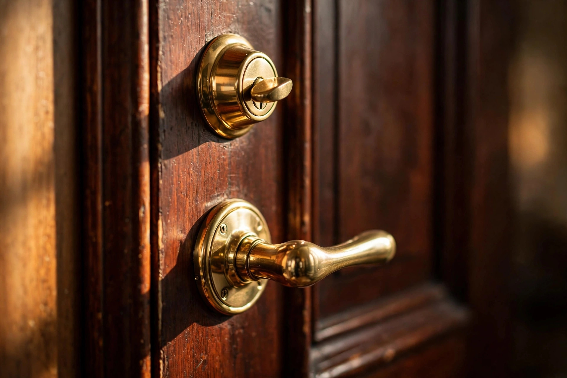 Polished brass deadbolt and handle on a Manhattan apartment door